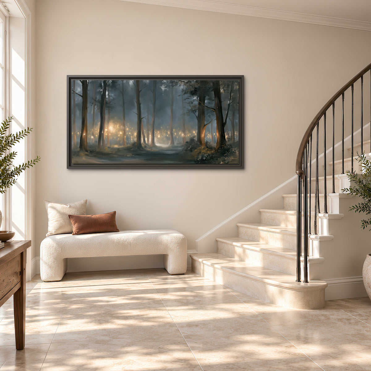 Soft warm light filtering through tall trees in a cool mist-covered forest single framed canvas wall art styled in an interior