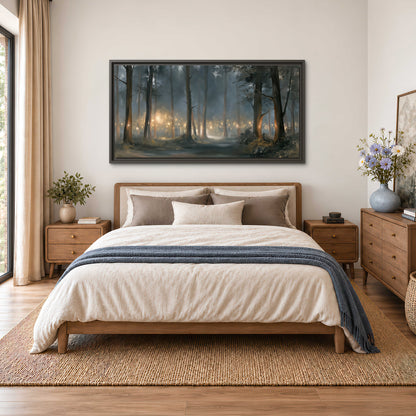 Soft warm light filtering through tall trees in a cool mist-covered forest single framed canvas wall art styled in an interior