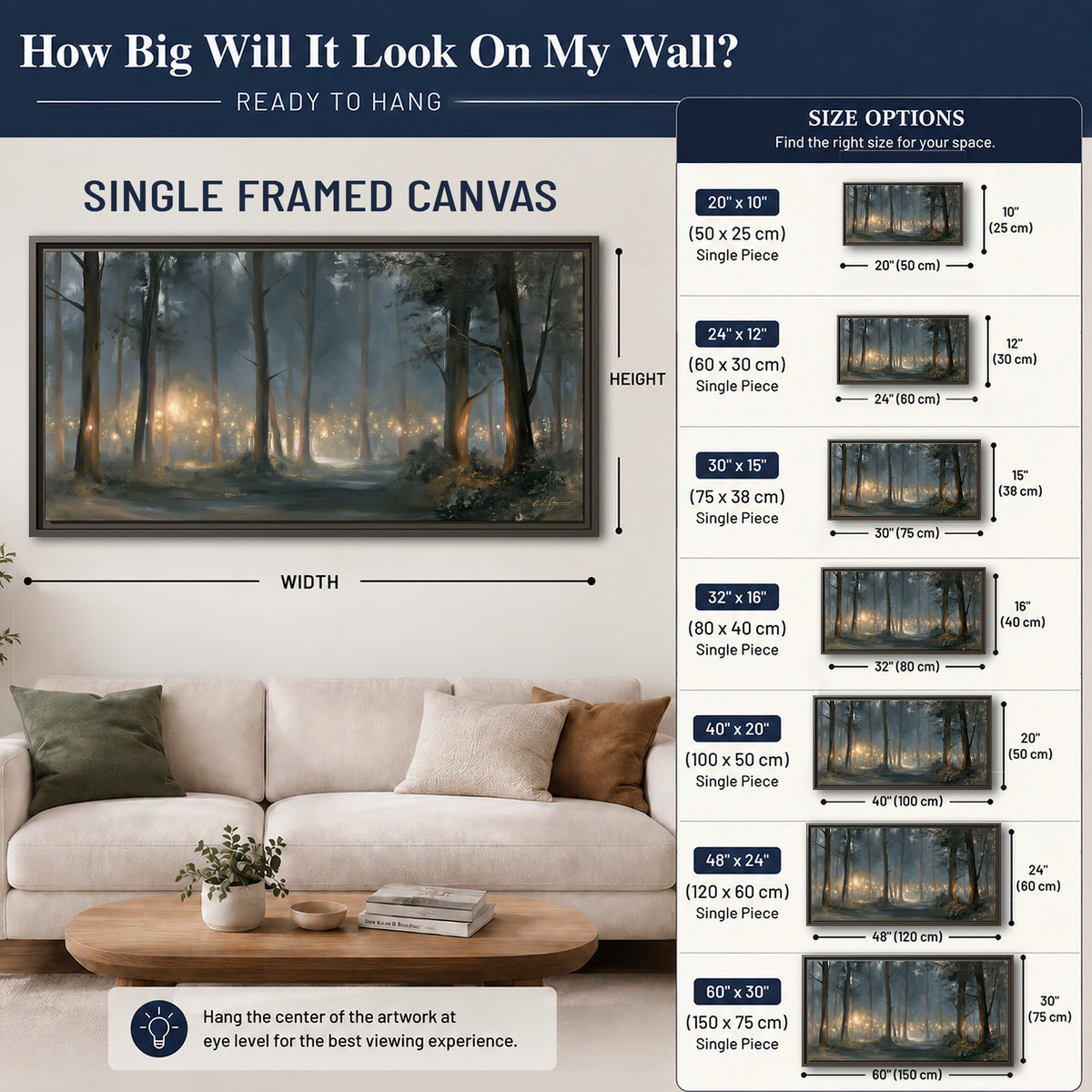 Soft warm light filtering through tall trees in a cool mist-covered forest single framed canvas wall art size guide above a sofa; room view is illustrative