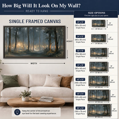 Soft warm light filtering through tall trees in a cool mist-covered forest single framed canvas wall art size guide above a sofa; room view is illustrative