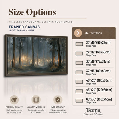Soft warm light filtering through tall trees in a cool mist-covered forest single framed canvas wall art available dimensions