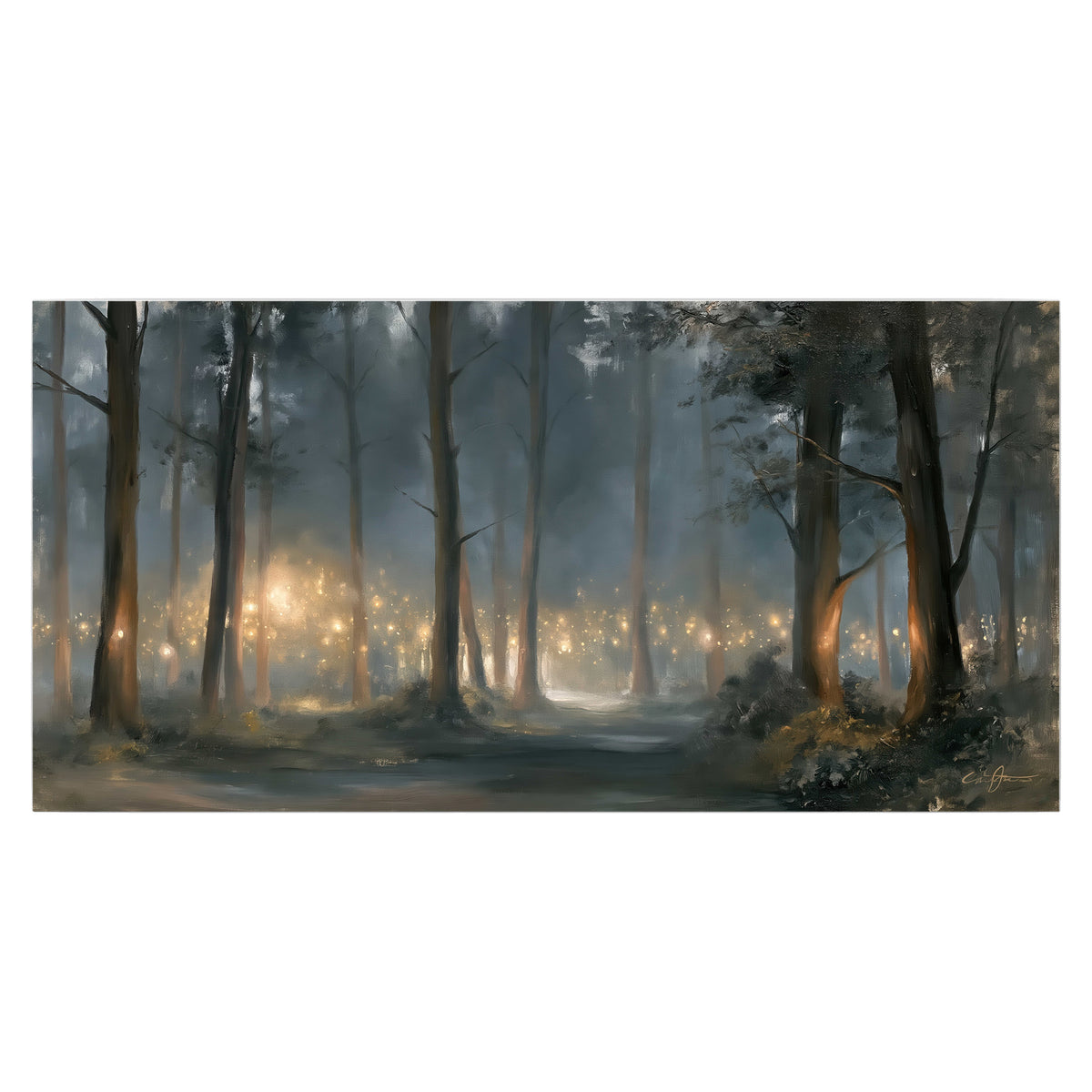 Soft warm light filtering through tall trees in a cool mist-covered forest single poster print viewed straight on