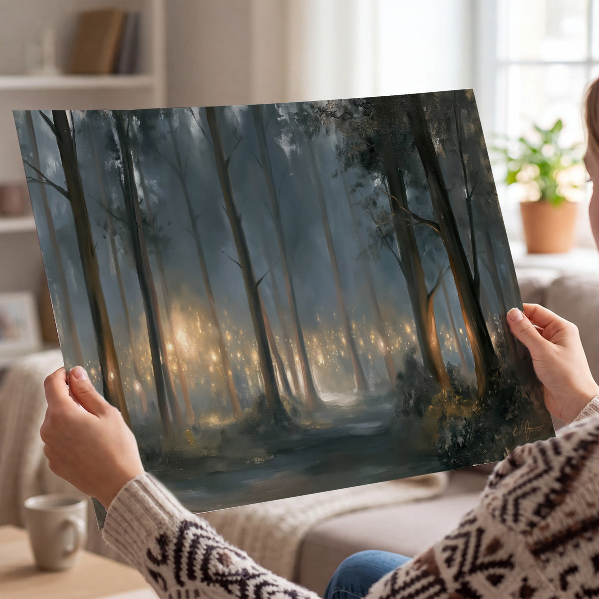 Soft warm light filtering through tall trees in a cool mist-covered forest single poster print held in hands