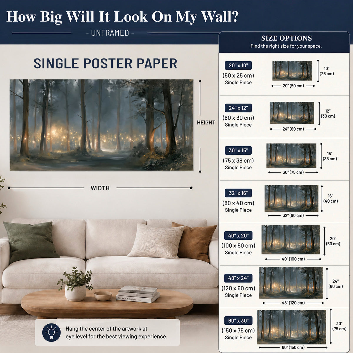 Soft warm light filtering through tall trees in a cool mist-covered forest single poster print size guide above a sofa; room view is illustrative