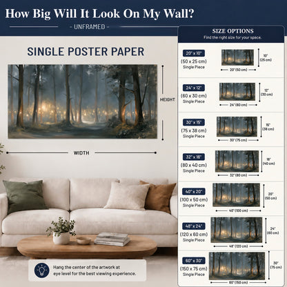 Soft warm light filtering through tall trees in a cool mist-covered forest single poster print size guide above a sofa; room view is illustrative