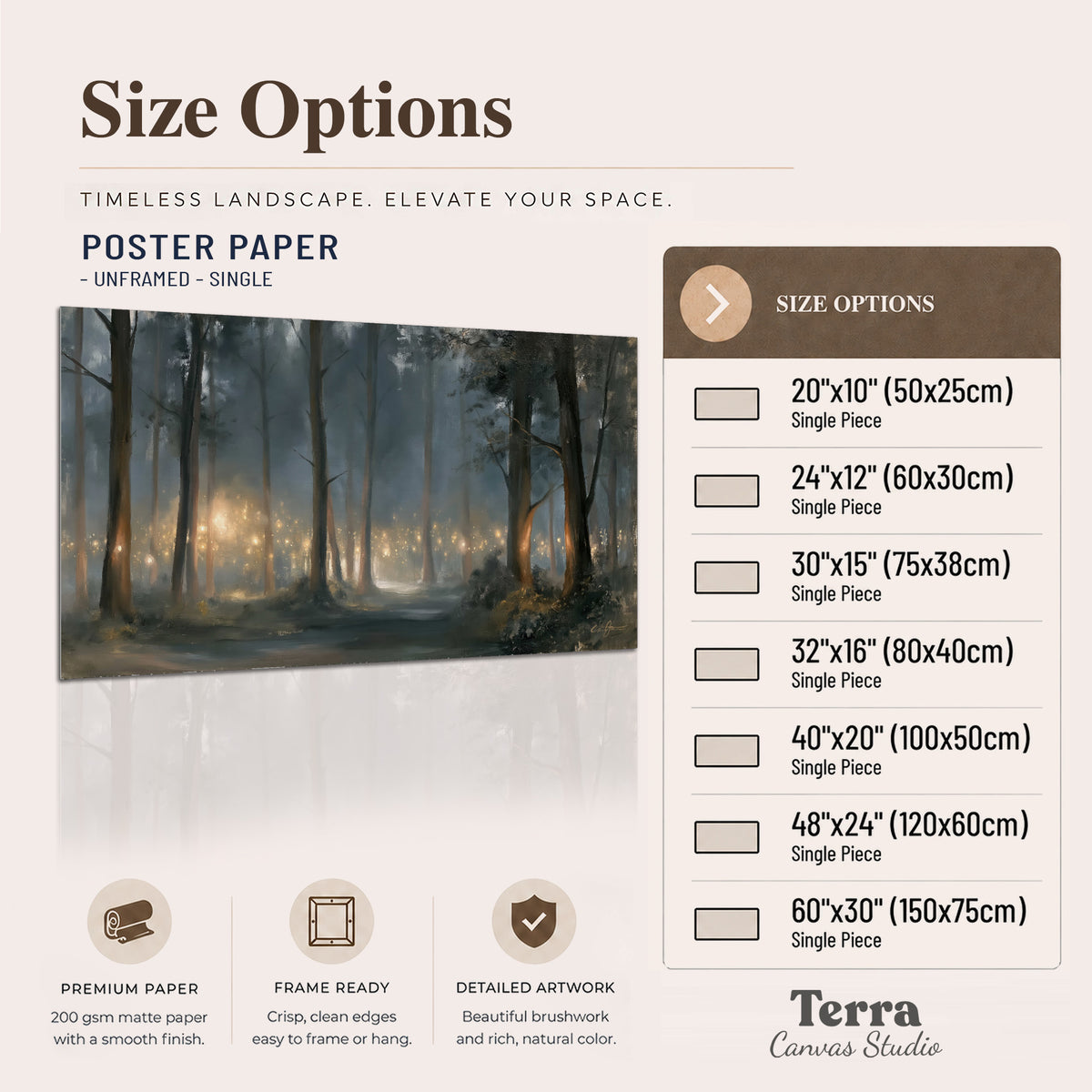 Soft warm light filtering through tall trees in a cool mist-covered forest single poster print available dimensions