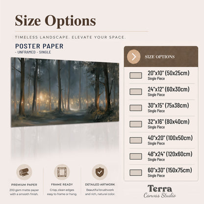 Soft warm light filtering through tall trees in a cool mist-covered forest single poster print available dimensions