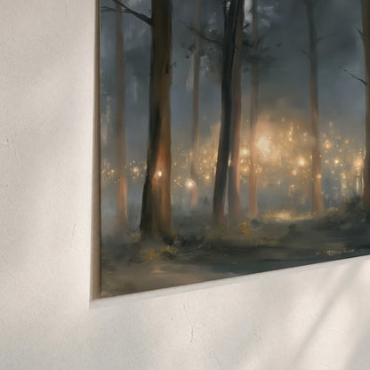 Soft warm light filtering through tall trees in a cool mist-covered forest set of 3 poster prints material and edge close up