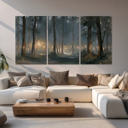 Soft warm light filtering through tall trees in a cool mist-covered forest set of 3 poster prints displayed in a living room