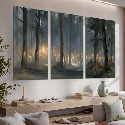 Soft warm light filtering through tall trees in a cool mist-covered forest set of 3 poster prints displayed in a console