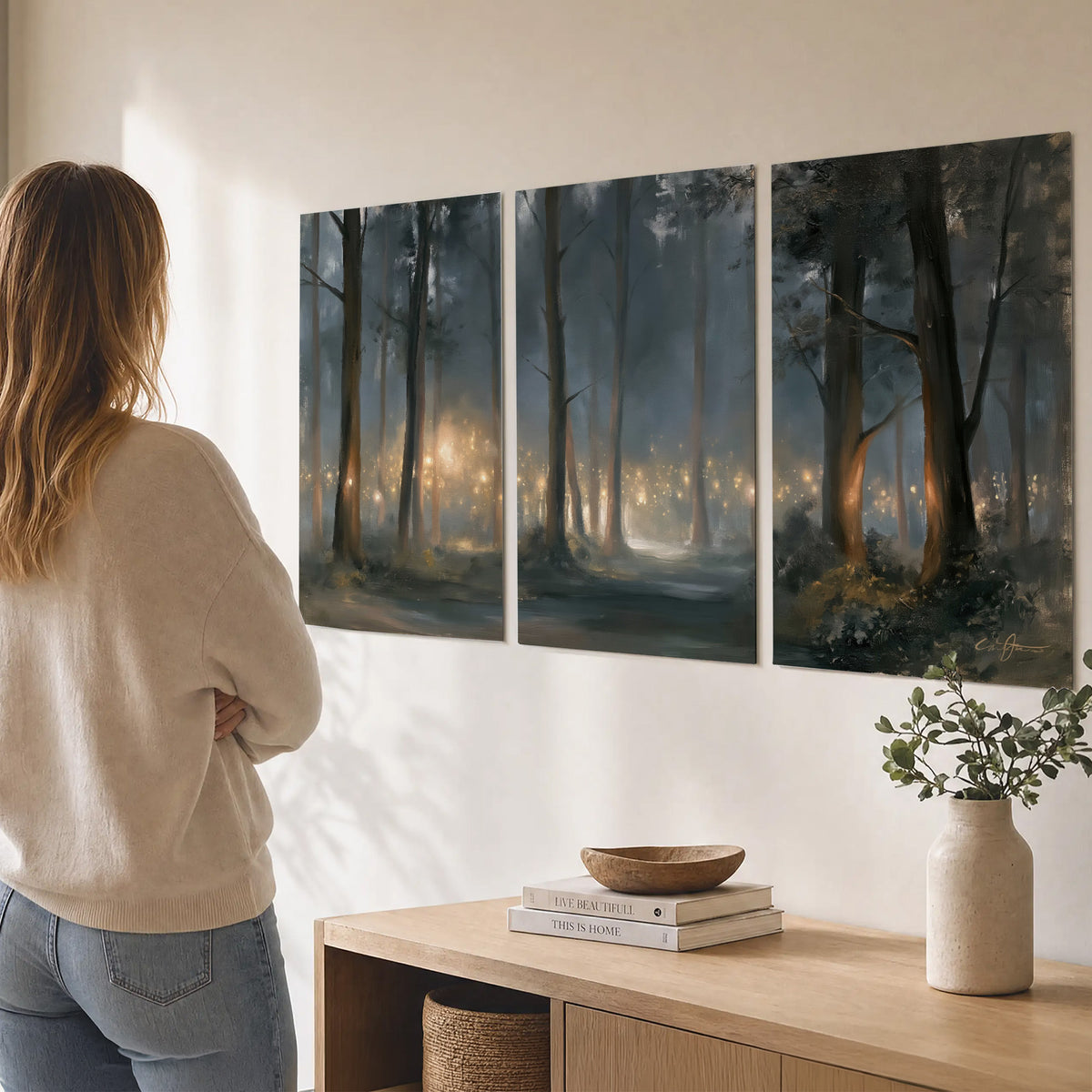Soft warm light filtering through tall trees in a cool mist-covered forest set of 3 poster prints three panel arrangement on a wall
