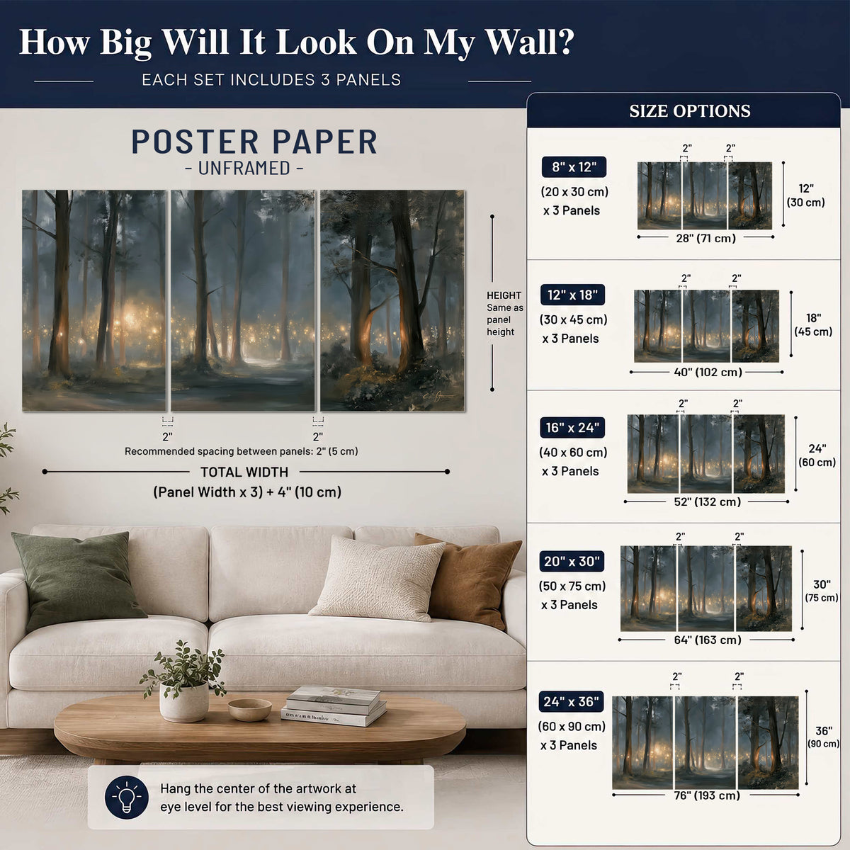 Soft warm light filtering through tall trees in a cool mist-covered forest set of 3 poster prints size guide above a sofa; room view is illustrative