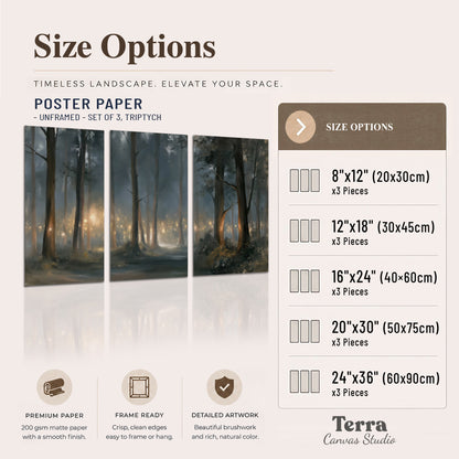 Soft warm light filtering through tall trees in a cool mist-covered forest set of 3 poster prints available dimensions; triptych dimensions are per panel