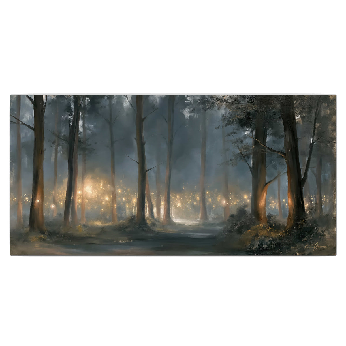 Soft warm light filtering through tall trees in a cool mist-covered forest single canvas wall art viewed straight on