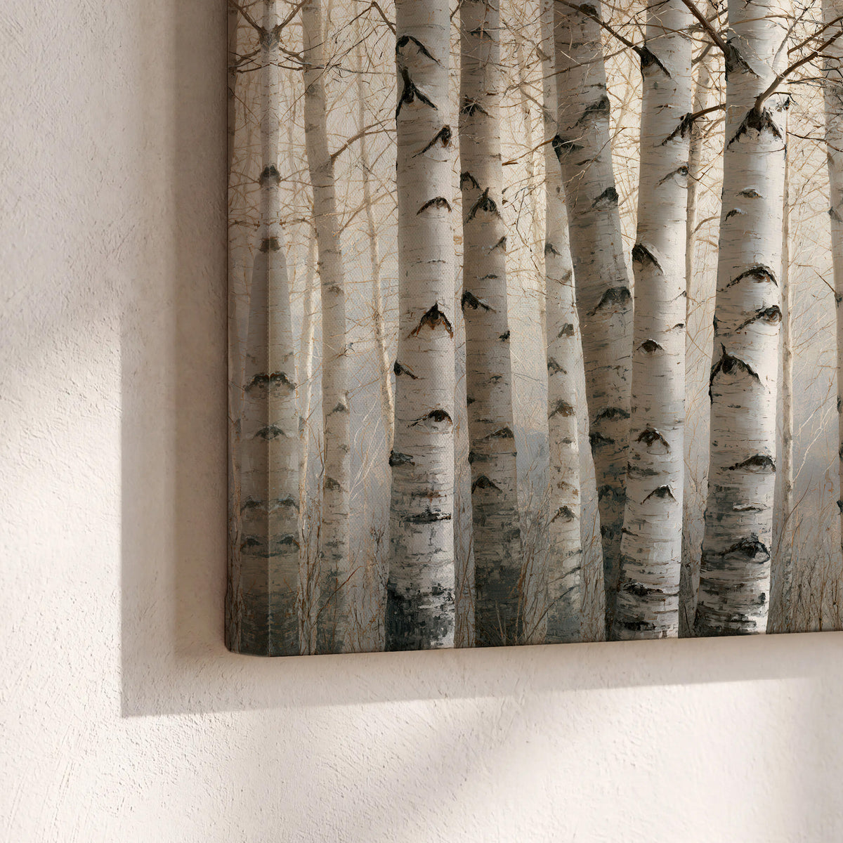 Pale birch trunks and delicate bare branches in a soft neutral woodland 3 piece canvas wall art material and edge close up