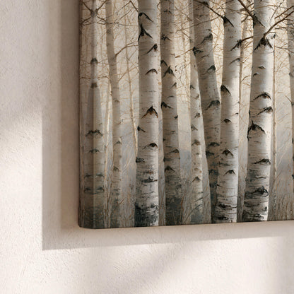 Pale birch trunks and delicate bare branches in a soft neutral woodland 3 piece canvas wall art material and edge close up