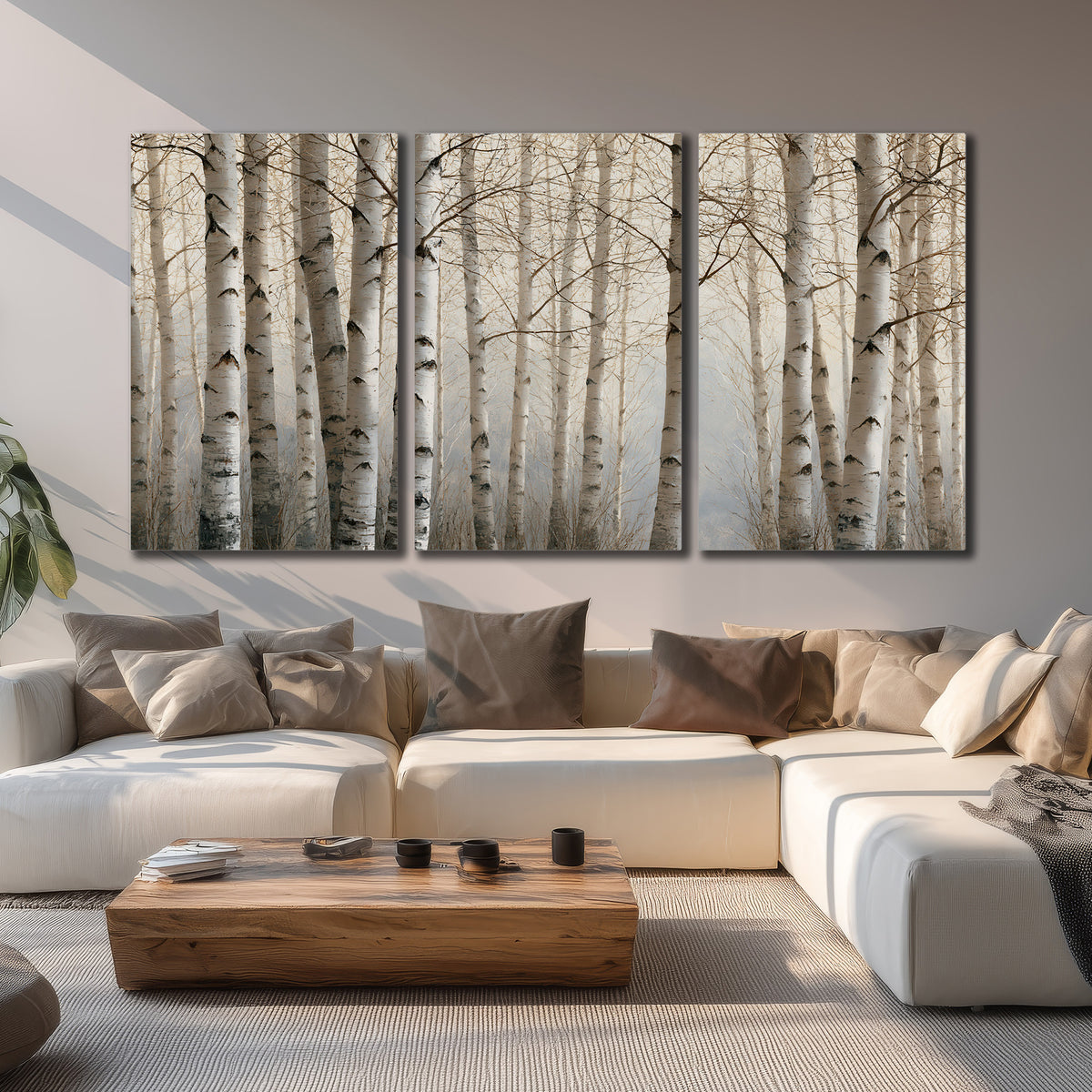 Pale birch trunks and delicate bare branches in a soft neutral woodland 3 piece canvas wall art displayed in a living room