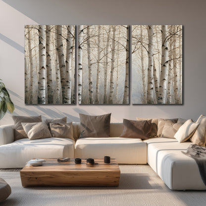 Pale birch trunks and delicate bare branches in a soft neutral woodland 3 piece canvas wall art displayed in a living room