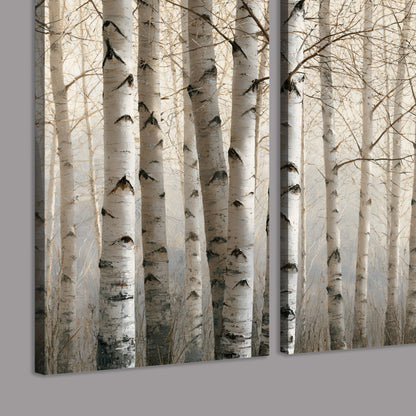 Pale birch trunks and delicate bare branches in a soft neutral woodland 3 piece canvas wall art room and product view