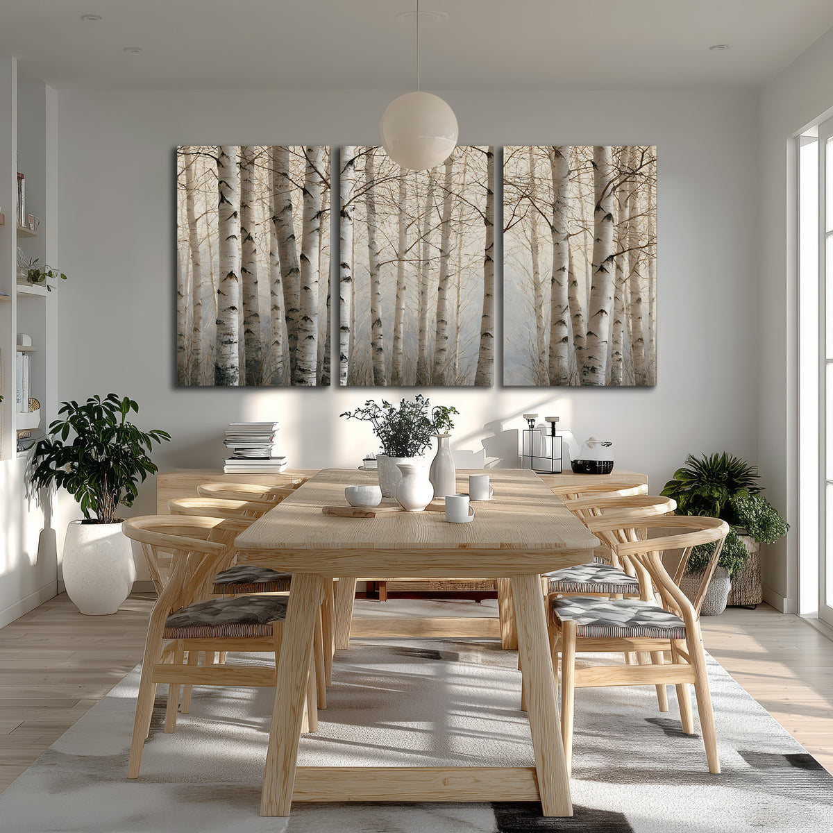 Pale birch trunks and delicate bare branches in a soft neutral woodland 3 piece canvas wall art room and product view