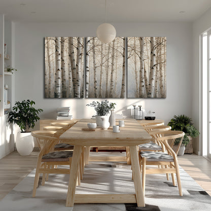 Pale birch trunks and delicate bare branches in a soft neutral woodland 3 piece canvas wall art room and product view