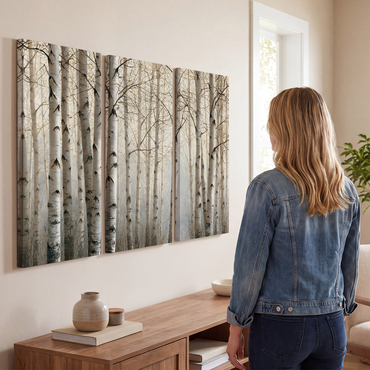 Pale birch trunks and delicate bare branches in a soft neutral woodland 3 piece canvas wall art three panel arrangement on a wall