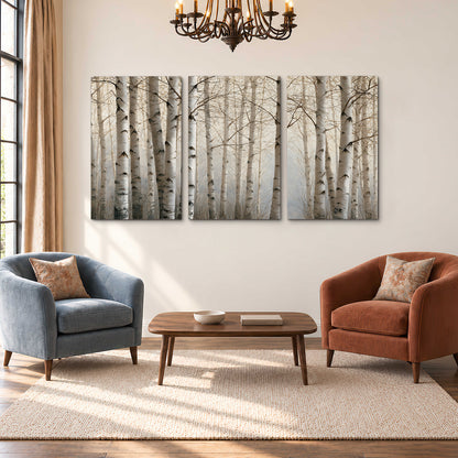 Pale birch trunks and delicate bare branches in a soft neutral woodland 3 piece canvas wall art styled in an interior