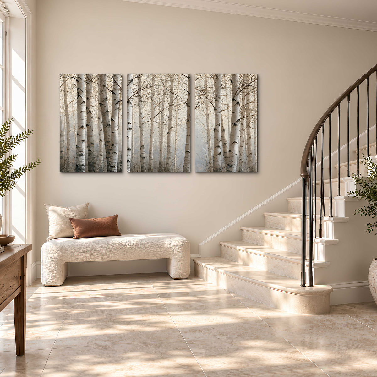 Pale birch trunks and delicate bare branches in a soft neutral woodland 3 piece canvas wall art styled in an interior