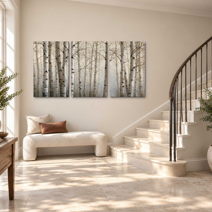 Pale birch trunks and delicate bare branches in a soft neutral woodland 3 piece canvas wall art styled in an interior