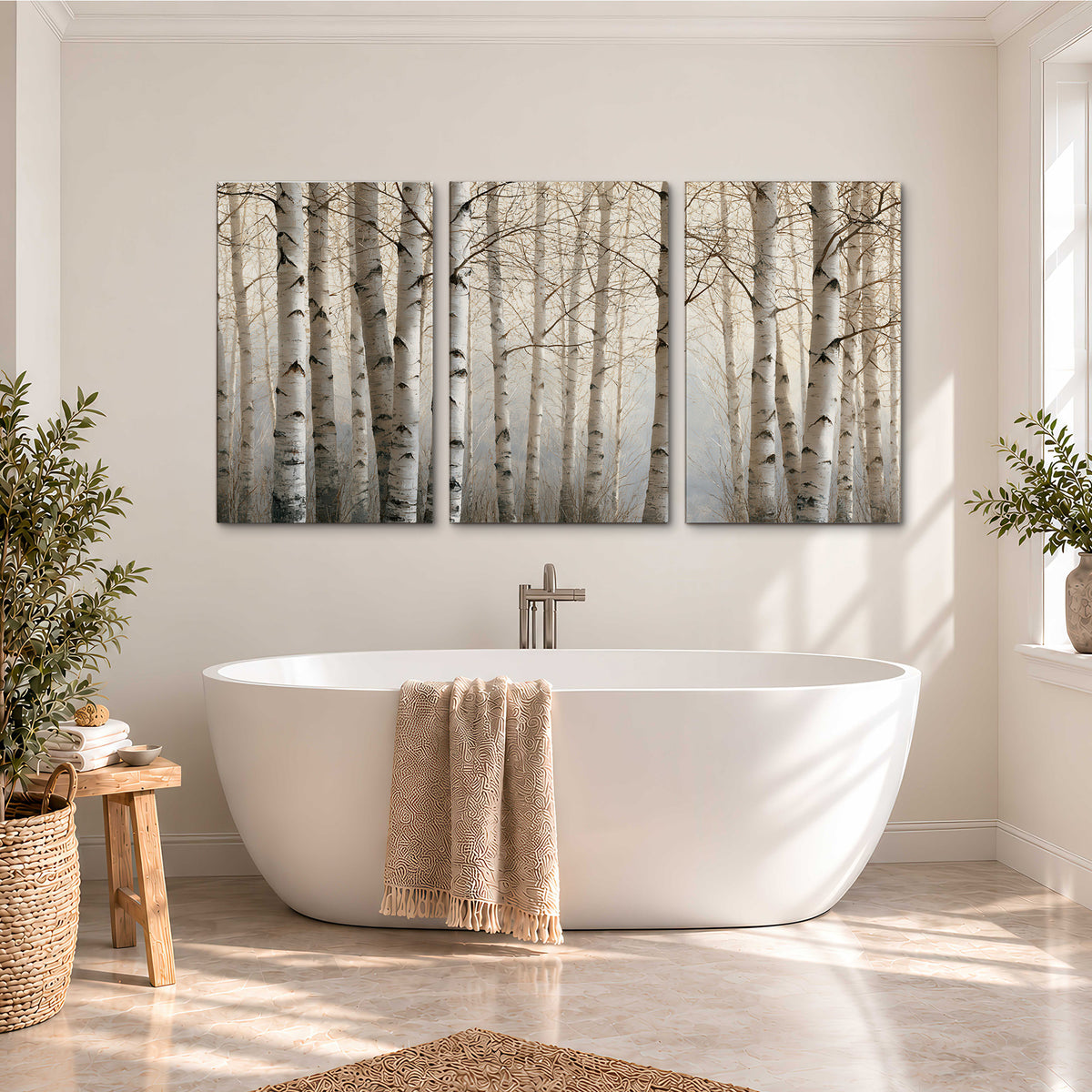 Pale birch trunks and delicate bare branches in a soft neutral woodland 3 piece canvas wall art styled in an interior