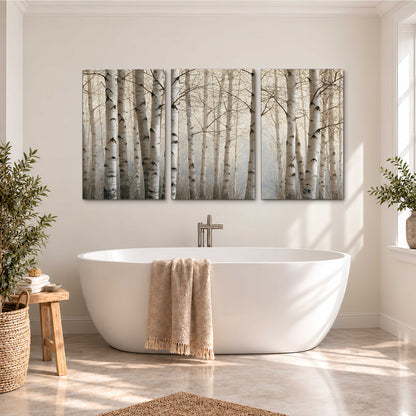 Pale birch trunks and delicate bare branches in a soft neutral woodland 3 piece canvas wall art styled in an interior