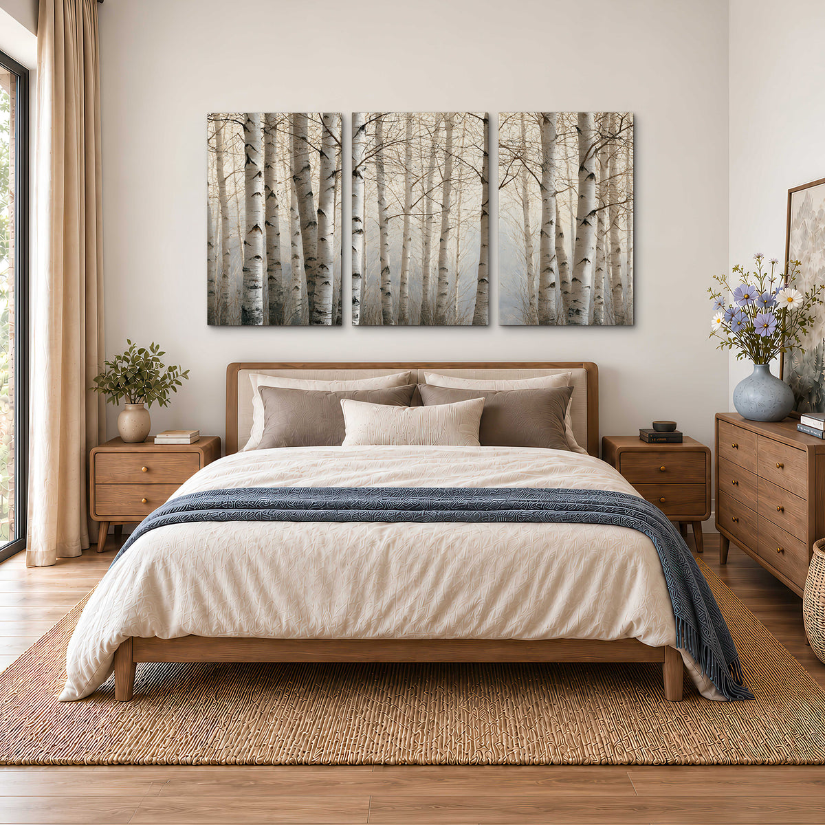 Pale birch trunks and delicate bare branches in a soft neutral woodland 3 piece canvas wall art styled in an interior