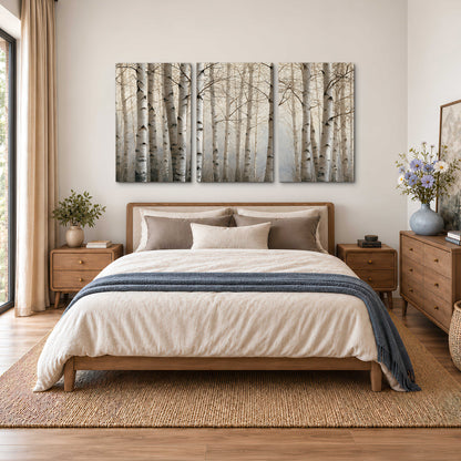 Pale birch trunks and delicate bare branches in a soft neutral woodland 3 piece canvas wall art styled in an interior