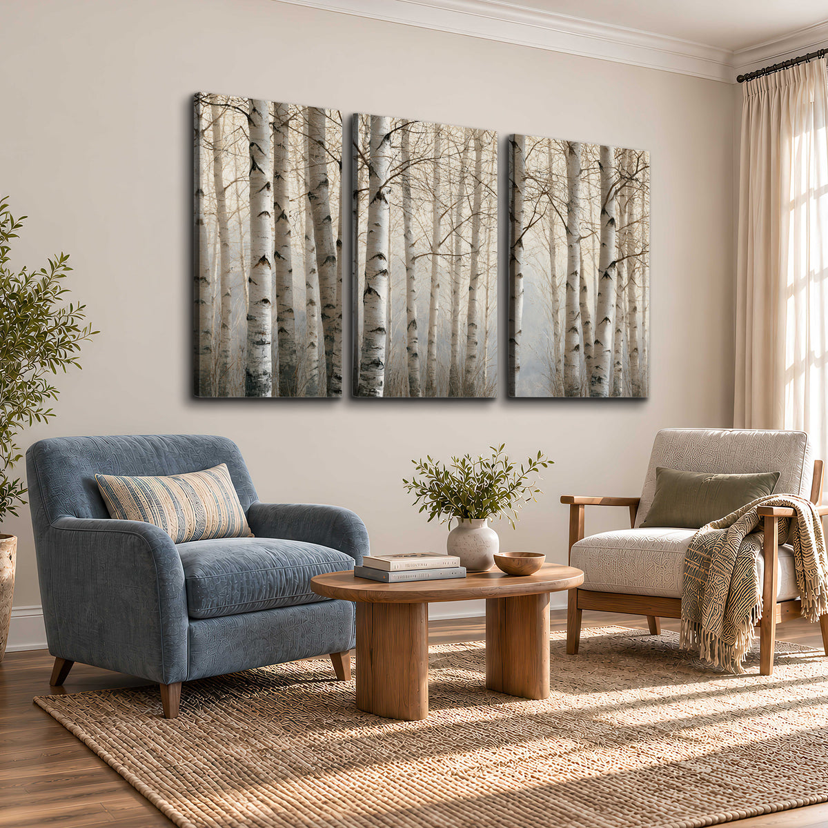 Pale birch trunks and delicate bare branches in a soft neutral woodland 3 piece canvas wall art styled in an interior