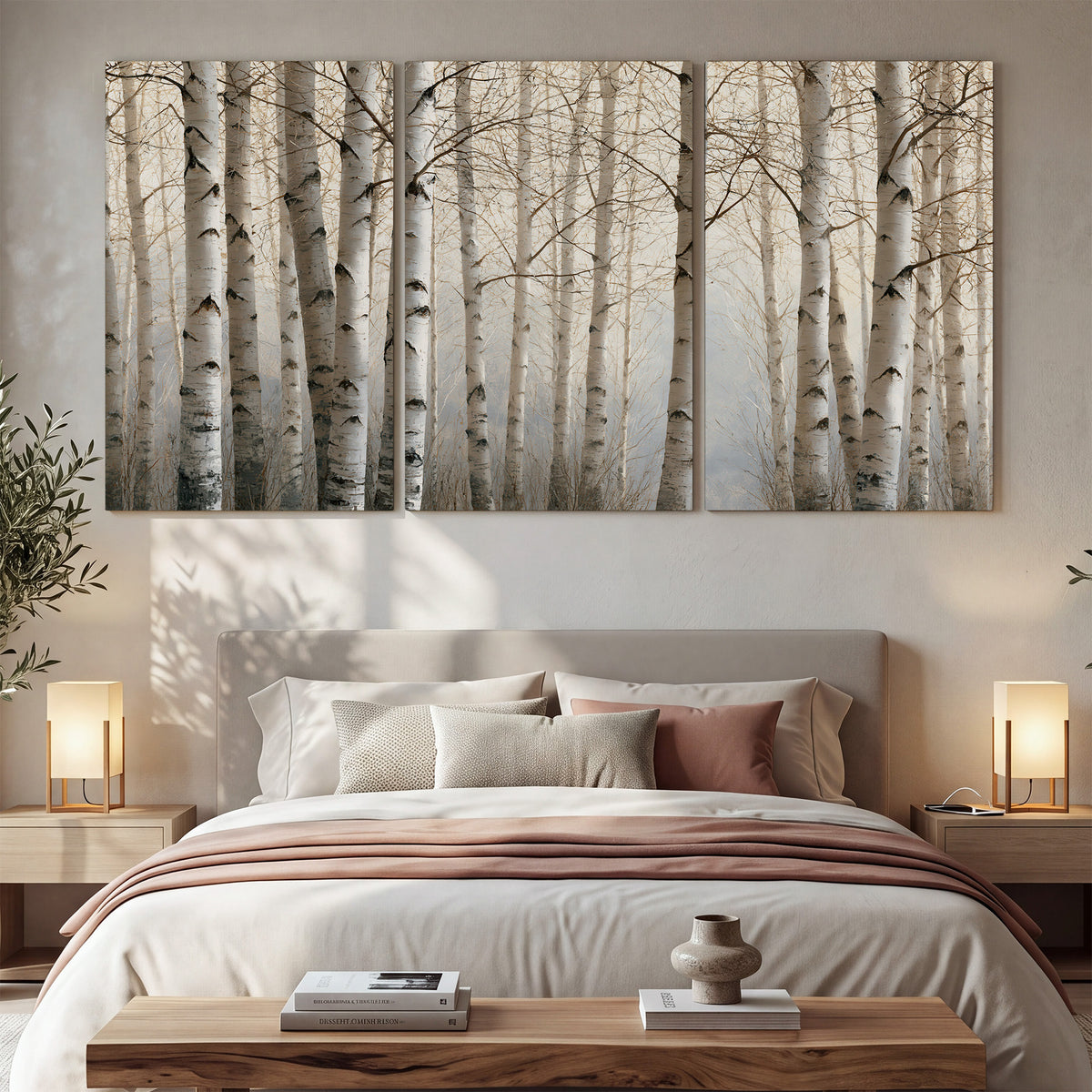 Pale birch trunks and delicate bare branches in a soft neutral woodland 3 piece canvas wall art displayed in a bedroom