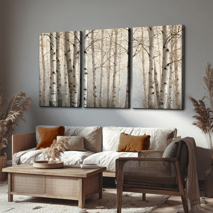 Pale birch trunks and delicate bare branches in a soft neutral woodland 3 piece canvas wall art displayed in a rustic living room