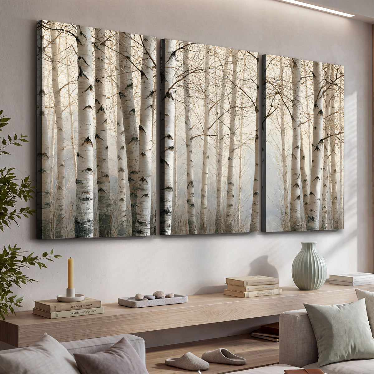 Pale birch trunks and delicate bare branches in a soft neutral woodland 3 piece canvas wall art displayed in a console