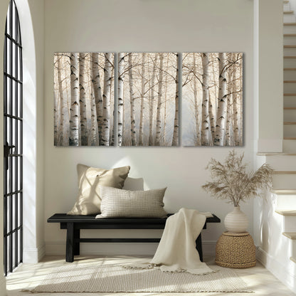 Pale birch trunks and delicate bare branches in a soft neutral woodland 3 piece canvas wall art displayed in a entryway