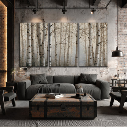 Pale birch trunks and delicate bare branches in a soft neutral woodland 3 piece canvas wall art displayed in a industrial room