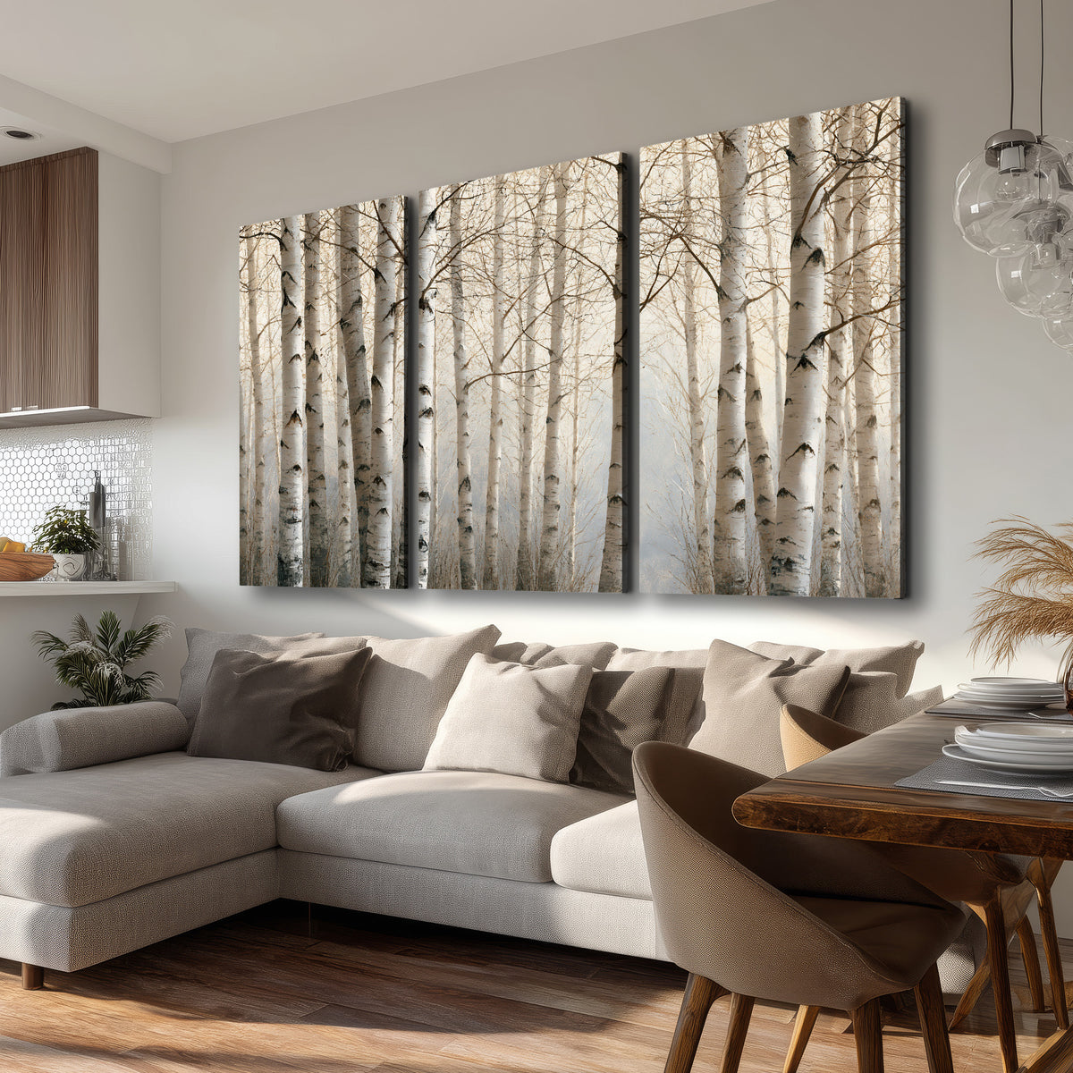 Pale birch trunks and delicate bare branches in a soft neutral woodland 3 piece canvas wall art room and product view