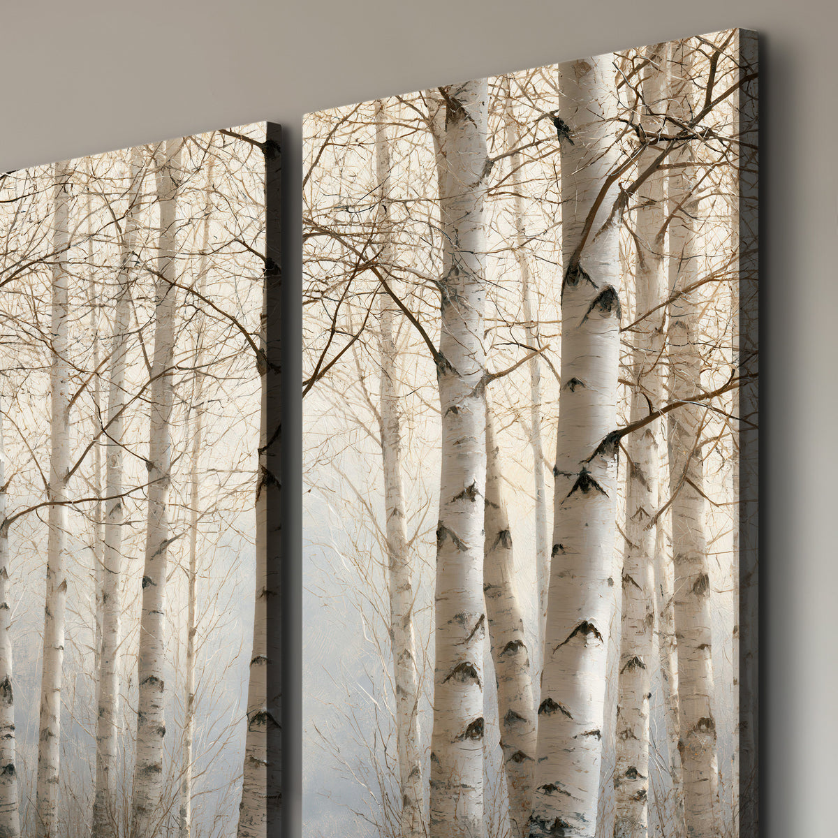 Pale birch trunks and delicate bare branches in a soft neutral woodland 3 piece canvas wall art room and product view
