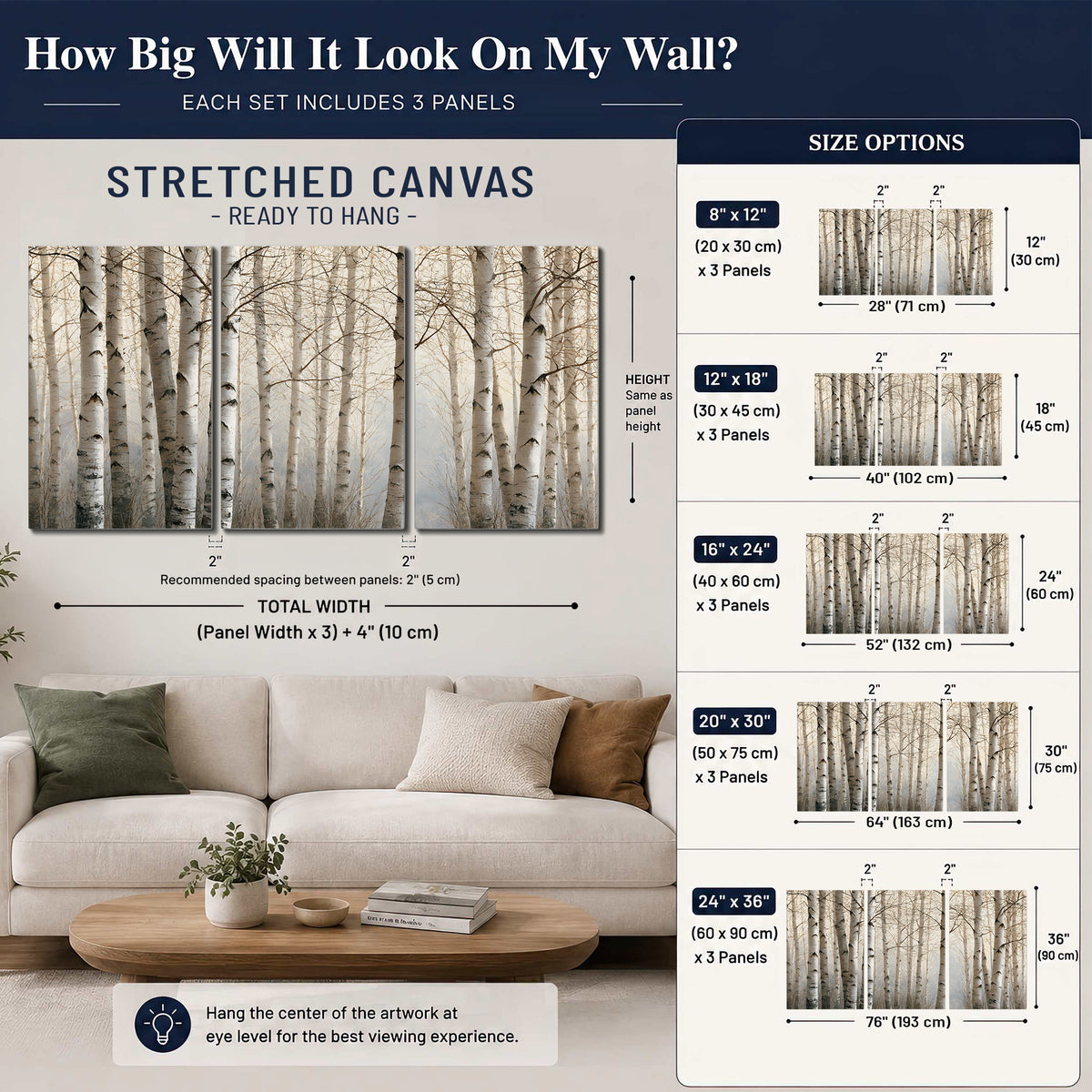 Pale birch trunks and delicate bare branches in a soft neutral woodland 3 piece canvas wall art size guide above a sofa; room view is illustrative