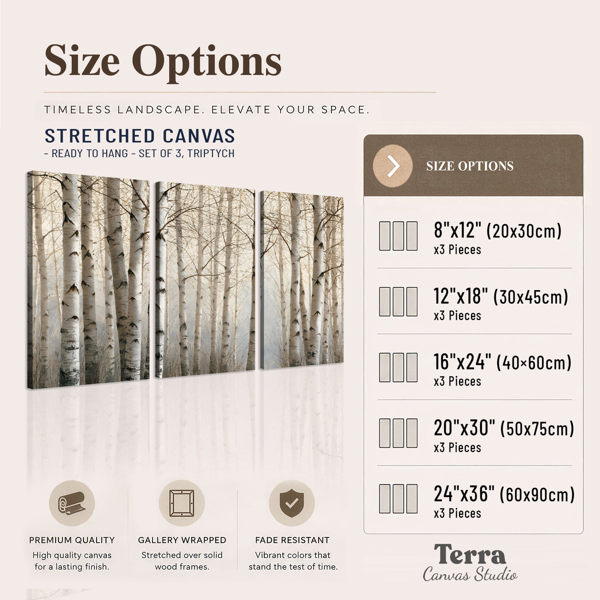 Pale birch trunks and delicate bare branches in a soft neutral woodland 3 piece canvas wall art available dimensions; triptych dimensions are per panel