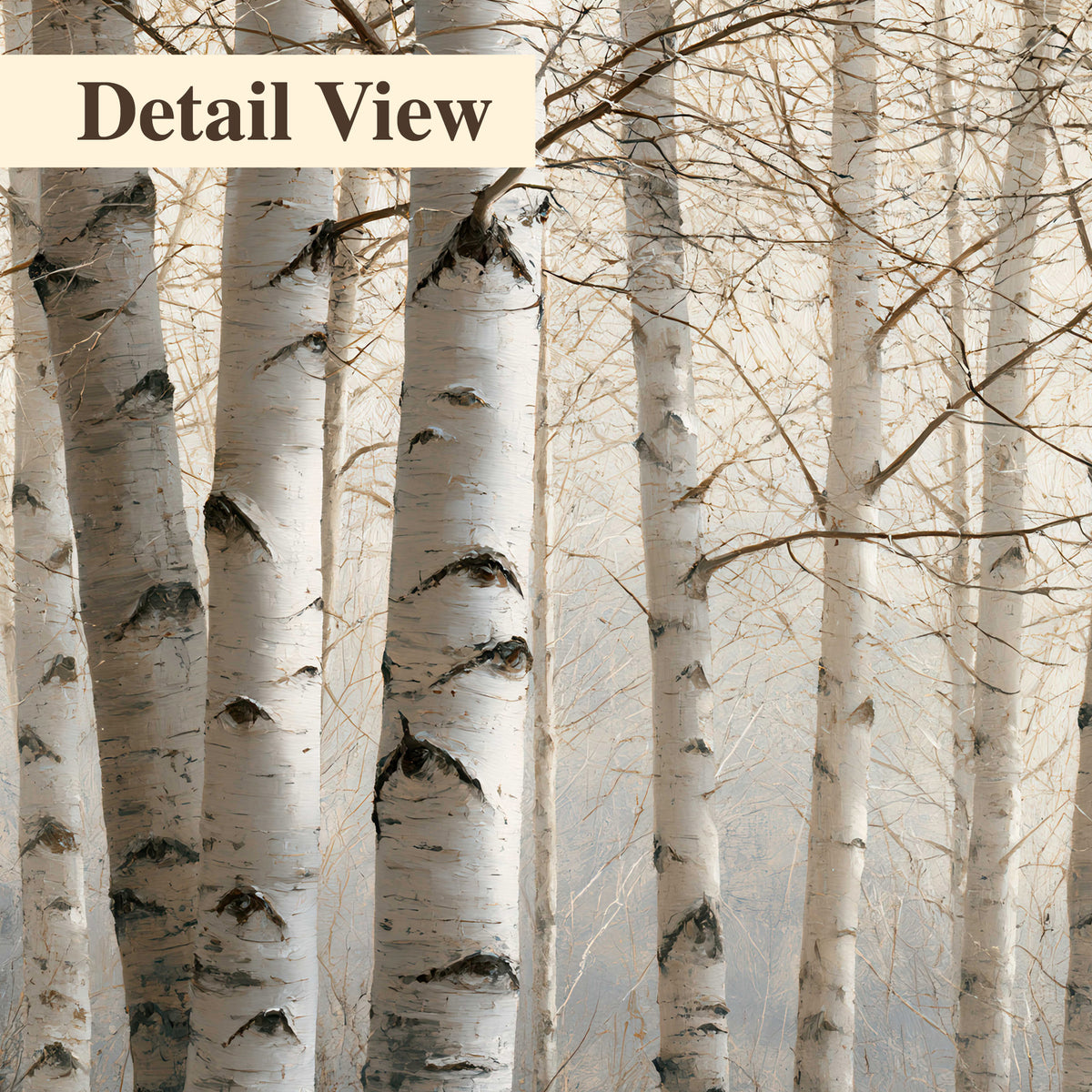 Pale birch trunks and delicate bare branches in a soft neutral woodland 3 piece canvas wall art artwork detail close up