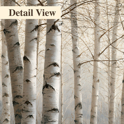 Pale birch trunks and delicate bare branches in a soft neutral woodland 3 piece canvas wall art artwork detail close up