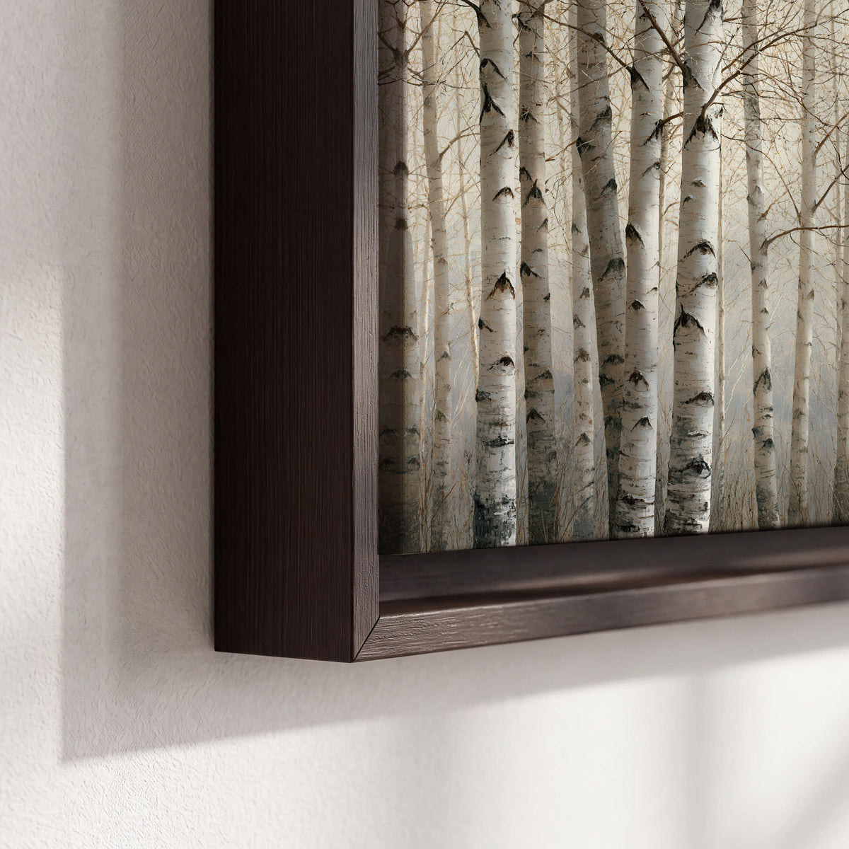 Pale birch trunks and delicate bare branches in a soft neutral woodland 3 piece framed canvas wall art material and edge close up