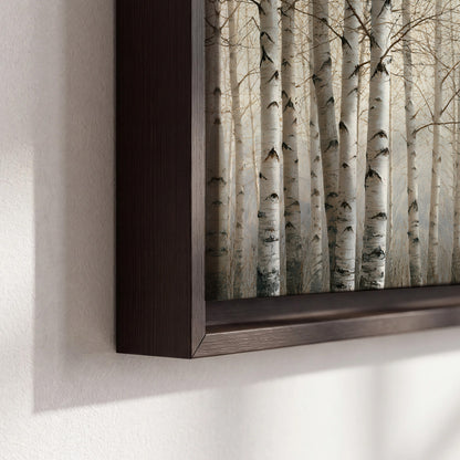 Pale birch trunks and delicate bare branches in a soft neutral woodland 3 piece framed canvas wall art material and edge close up