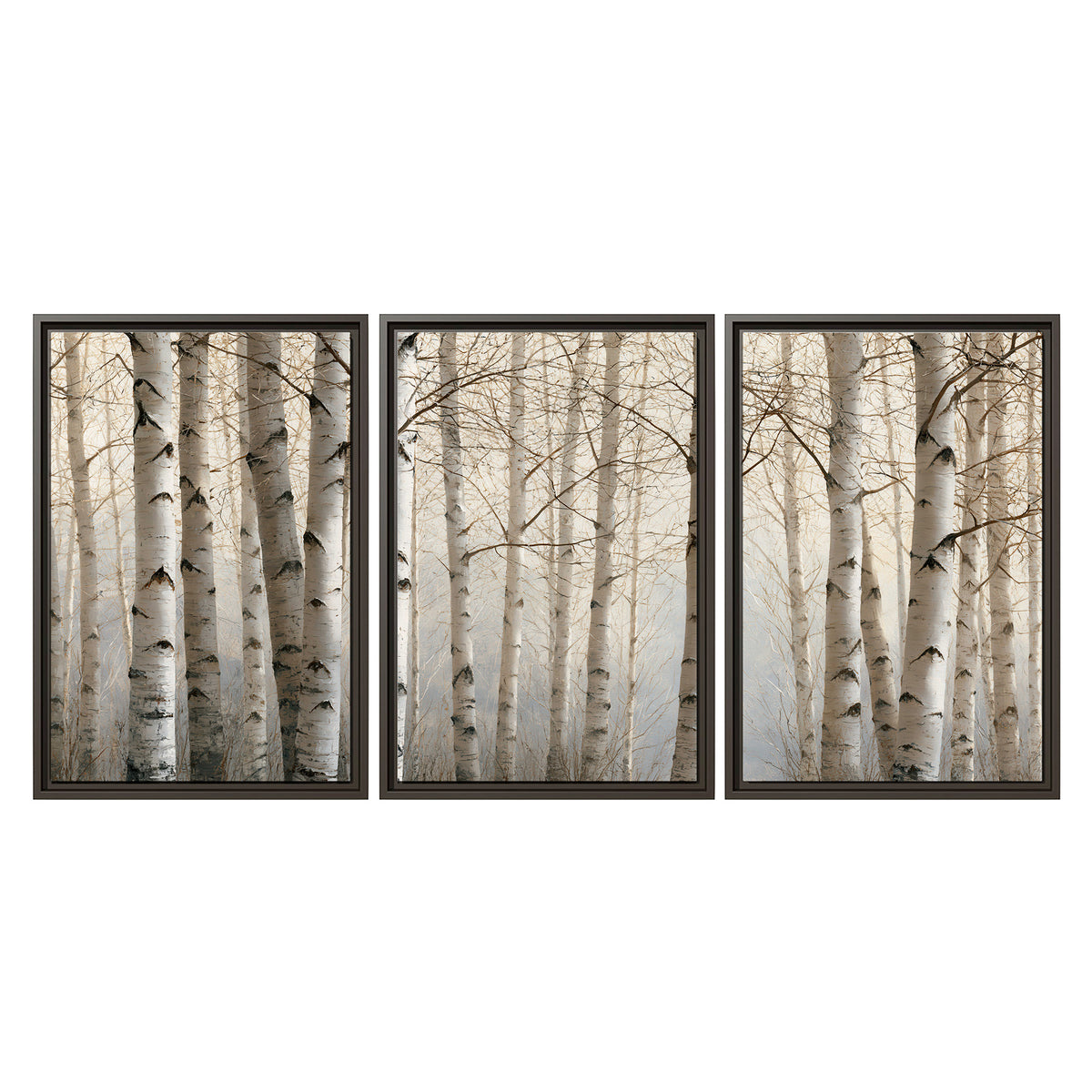 Pale birch trunks and delicate bare branches in a soft neutral woodland 3 piece framed canvas wall art viewed straight on