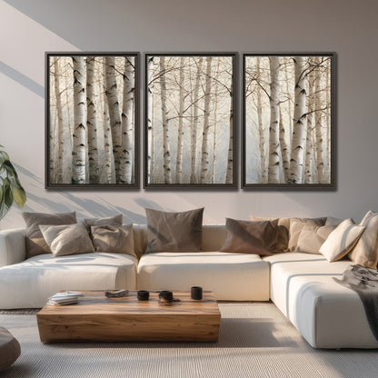 Pale birch trunks and delicate bare branches in a soft neutral woodland 3 piece framed canvas wall art displayed in a living room