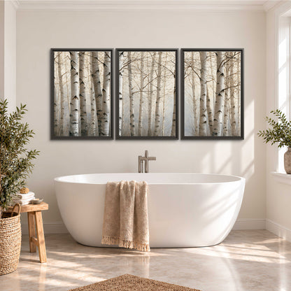 Pale birch trunks and delicate bare branches in a soft neutral woodland 3 piece framed canvas wall art styled in an interior